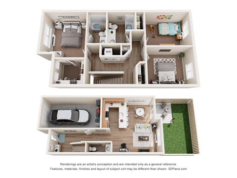 a stylized view of a 3d floor plan with a bedroom and living room